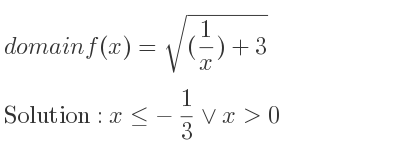 The domain of f(x)=sqrt((1/x)+3) is x<=-1/3 \lor x>0